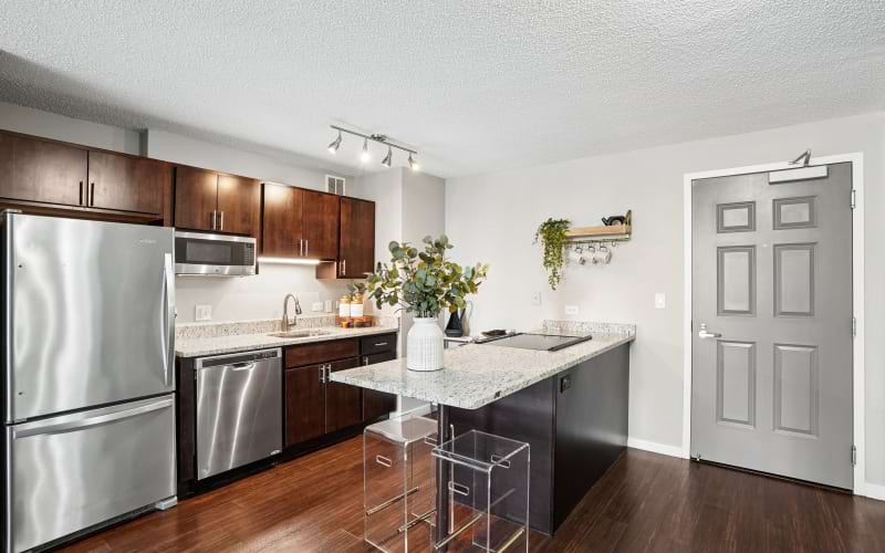 Bright kitchen at One Superior Place Apartments.