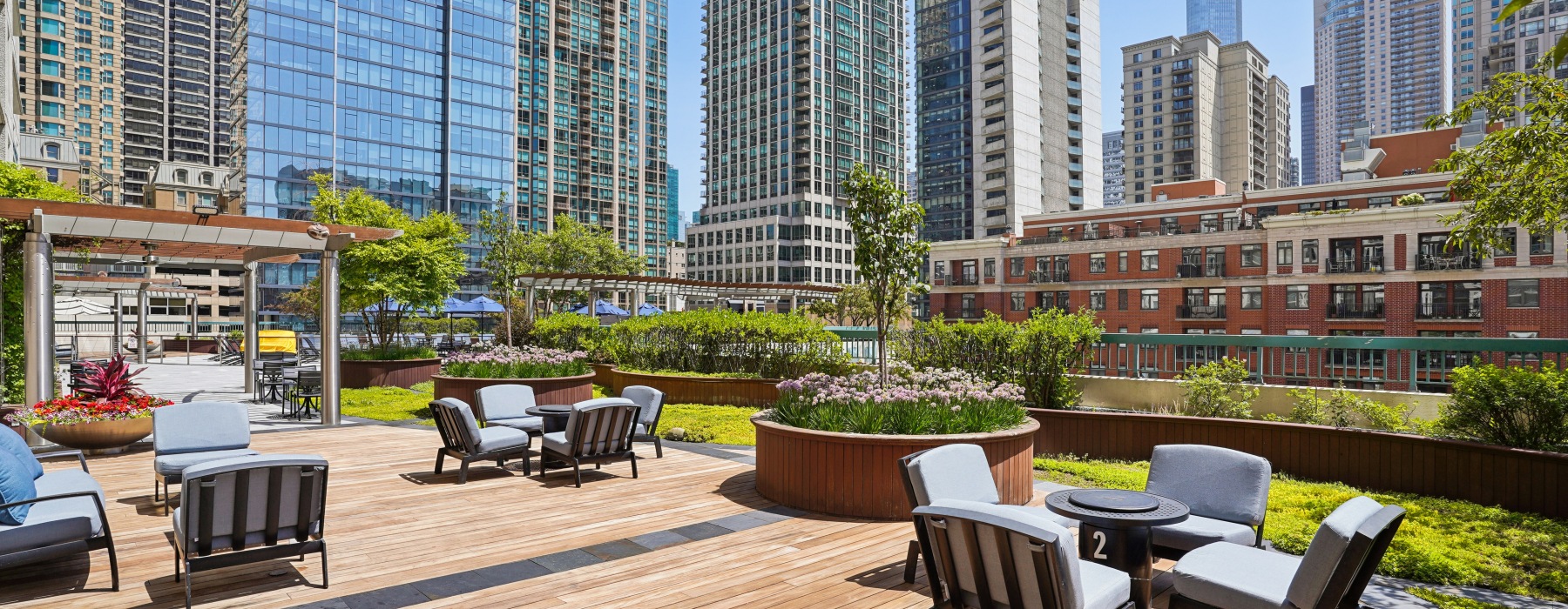 Outdoor deck at One Superior Place Apartments